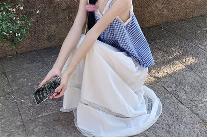 Gingham Button-Up Camisole Sleeveless Lace Trim Maxi Sundress