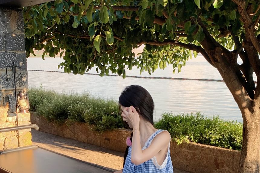 Gingham Button-Up Camisole Sleeveless Lace Trim Maxi Sundress
