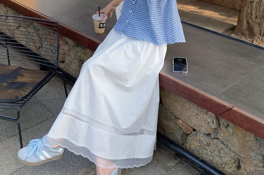 Gingham Button-Up Camisole Sleeveless Lace Trim Maxi Sundress