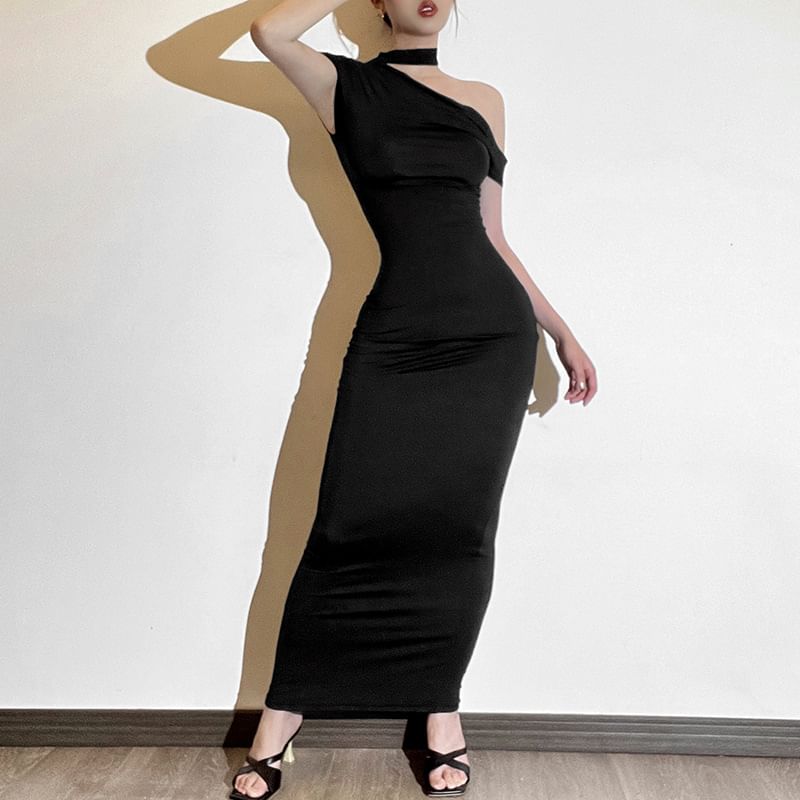 Off-Shoulder Halter Cap-Sleeve Solid Sheath Maxi Dress