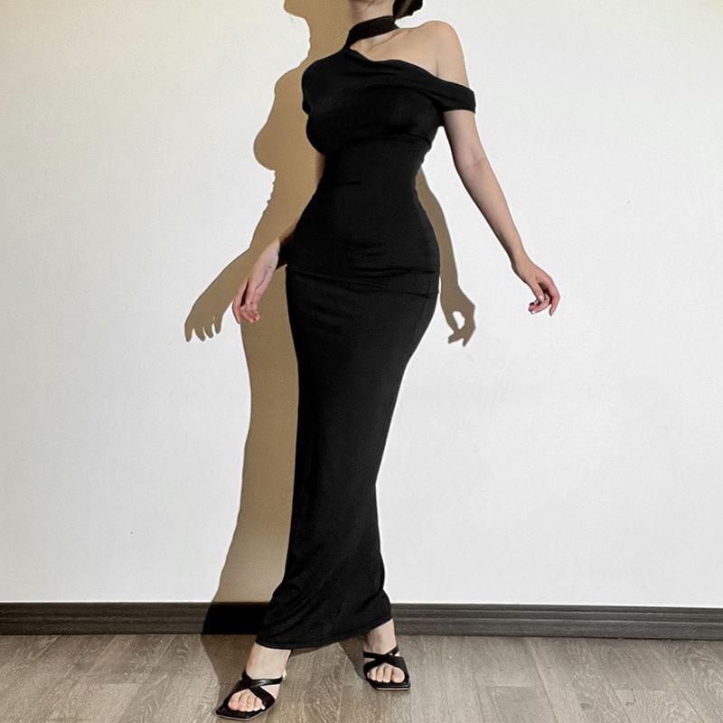 Off-Shoulder Halter Cap-Sleeve Solid Sheath Maxi Dress