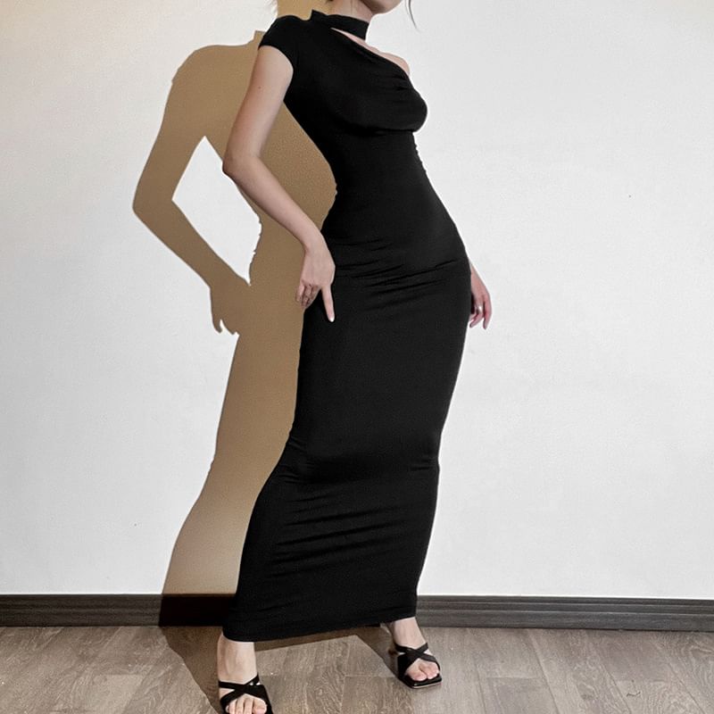 Off-Shoulder Halter Cap-Sleeve Solid Sheath Maxi Dress