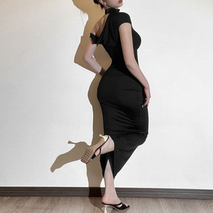 Off-Shoulder Halter Cap-Sleeve Solid Sheath Maxi Dress