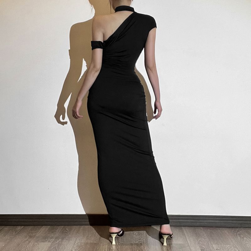 Off-Shoulder Halter Cap-Sleeve Solid Sheath Maxi Dress