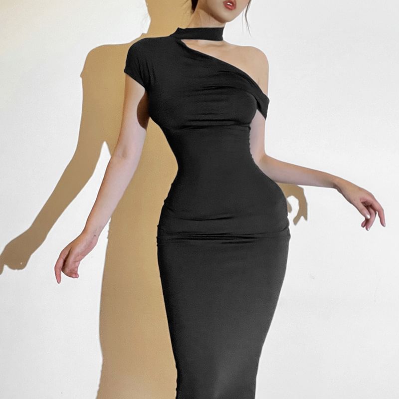 Off-Shoulder Halter Cap-Sleeve Solid Sheath Maxi Dress