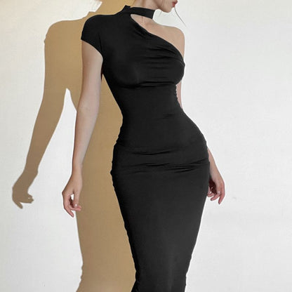 Off-Shoulder Halter Cap-Sleeve Solid Sheath Maxi Dress