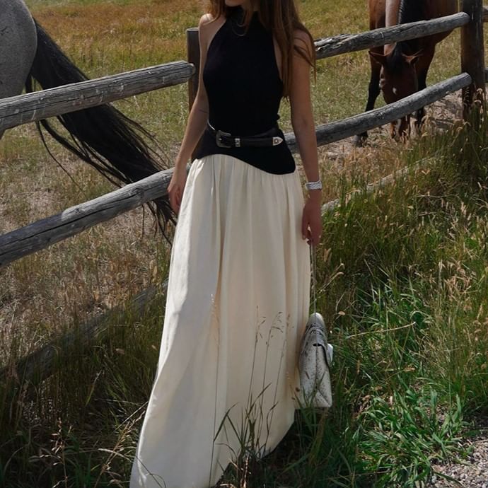 Two-Tone Panel Halter Sleeveless A-Line Maxi Dress