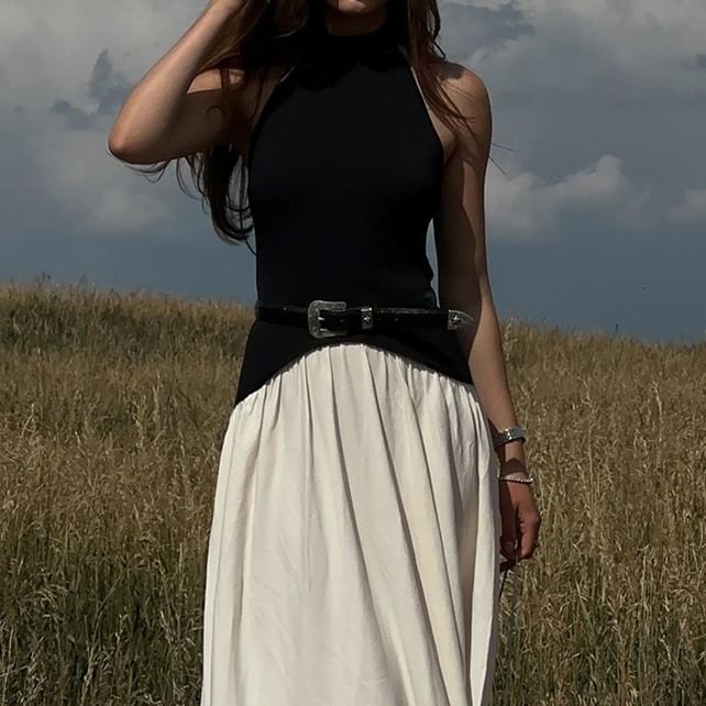 Two-Tone Panel Halter Sleeveless A-Line Maxi Dress