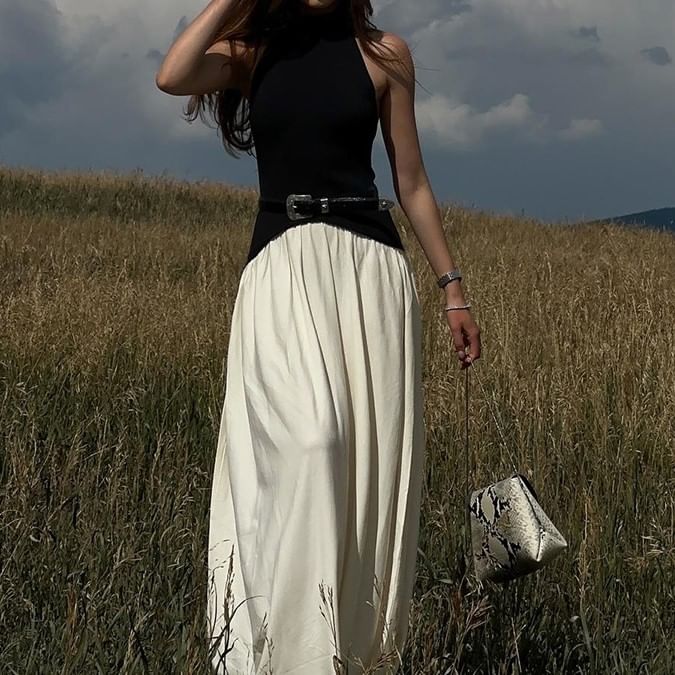 Two-Tone Panel Halter Sleeveless A-Line Maxi Dress