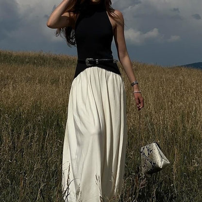 Two-Tone Panel Halter Sleeveless A-Line Maxi Dress