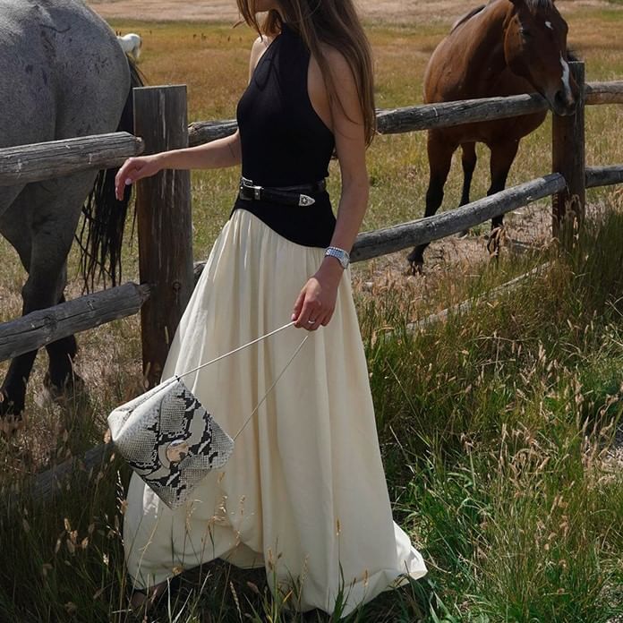 Two-Tone Panel Halter Sleeveless A-Line Maxi Dress