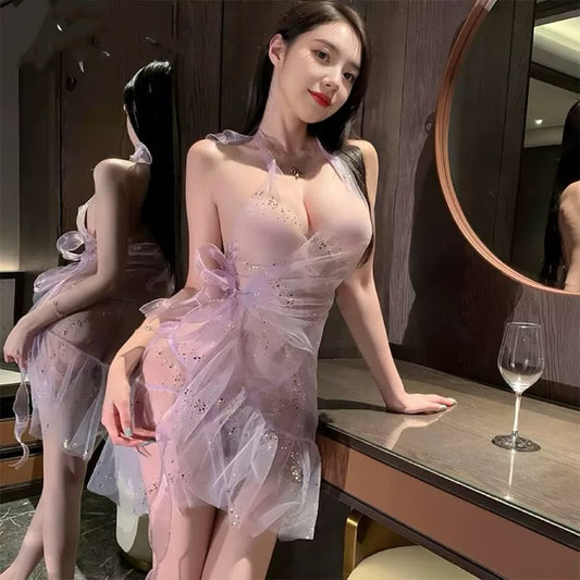 Halter Neck Asymmetrical Sequin See-Through Mesh Nightdress