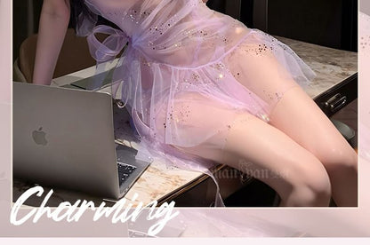 Halter Neck Asymmetrical Sequin See-Through Mesh Nightdress