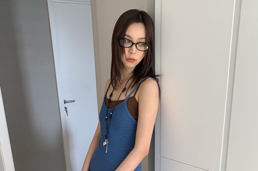 Spaghetti Strap Plain Pointelle Mini Sheath Knit Dress