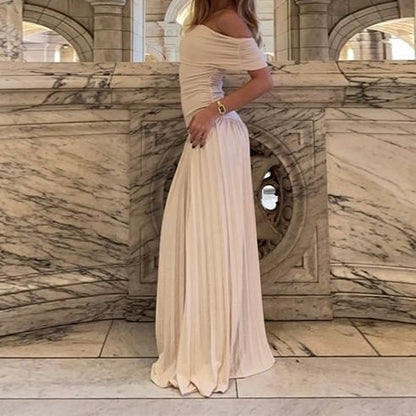 Ruched Off-Shoulder Solid A-Line Maxi Dress