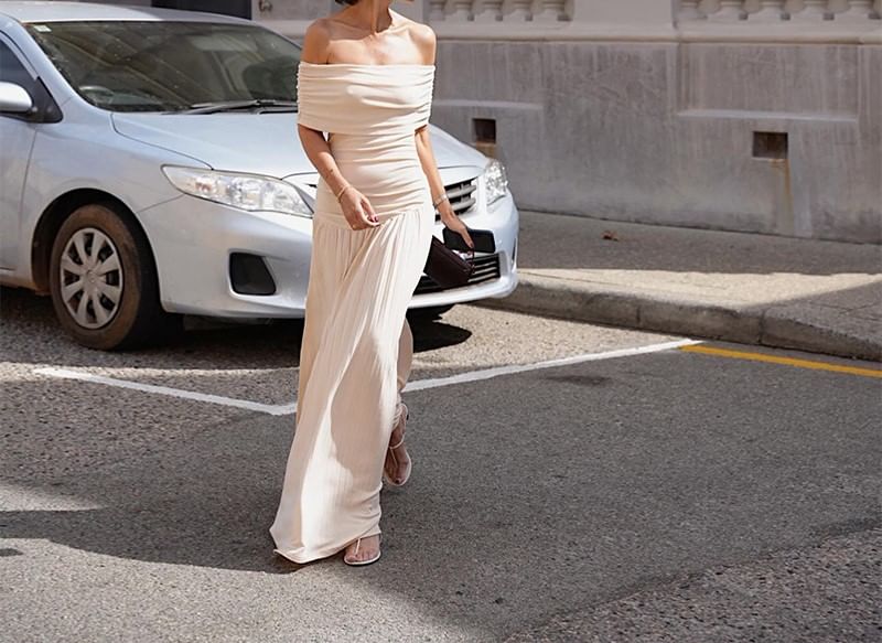 Ruched Off-Shoulder Solid A-Line Maxi Dress