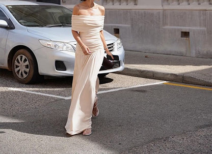 Ruched Off-Shoulder Solid A-Line Maxi Dress
