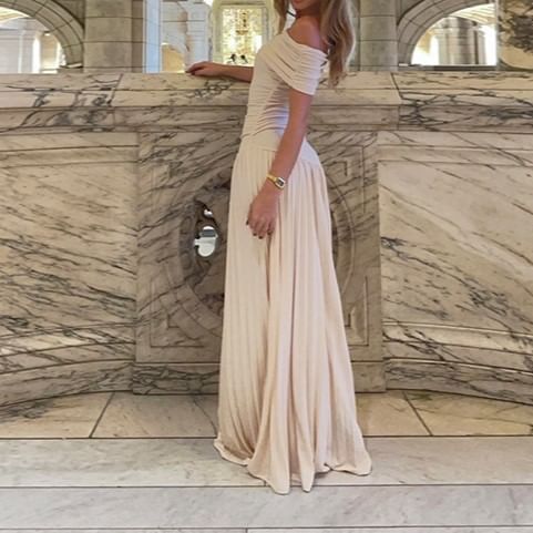 Ruched Off-Shoulder Solid A-Line Maxi Dress