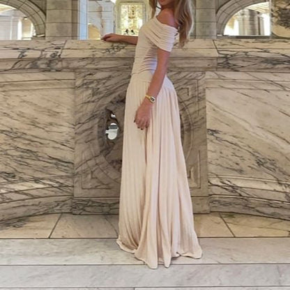 Ruched Off-Shoulder Solid A-Line Maxi Dress
