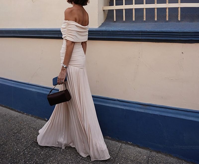 Ruched Off-Shoulder Solid A-Line Maxi Dress