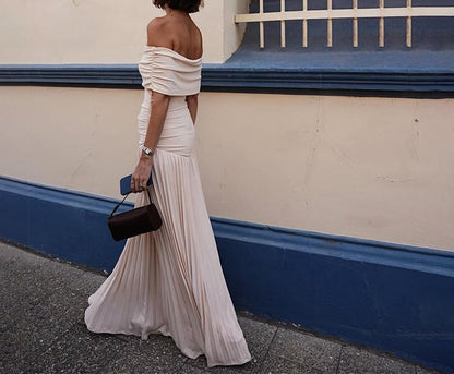 Ruched Off-Shoulder Solid A-Line Maxi Dress