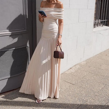 Ruched Off-Shoulder Solid A-Line Maxi Dress