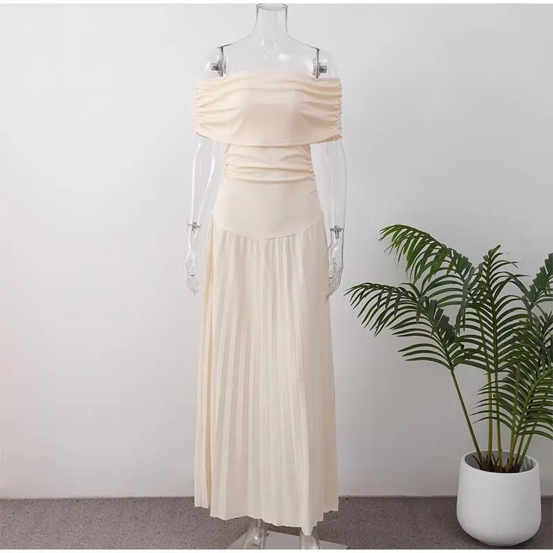 Ruched Off-Shoulder Solid A-Line Maxi Dress