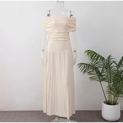 Ruched Off-Shoulder Solid A-Line Maxi Dress