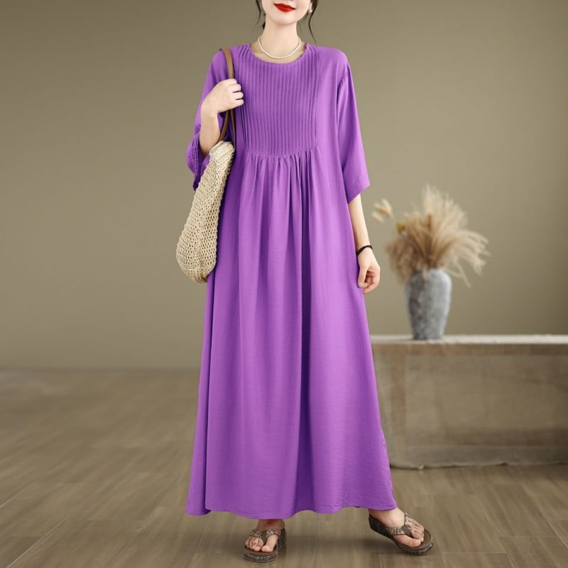 Pintuck Elbow Sleeve Round Neck A-Line Maxi Dress
