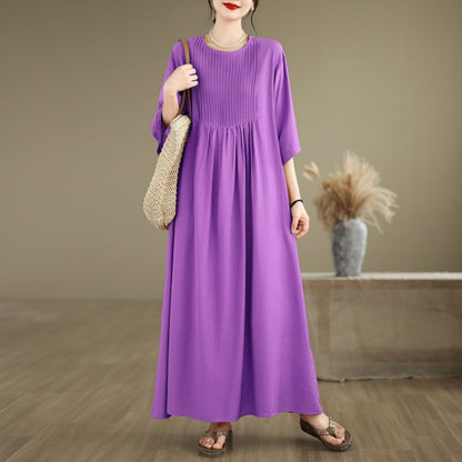 Pintuck Elbow Sleeve Round Neck A-Line Maxi Dress