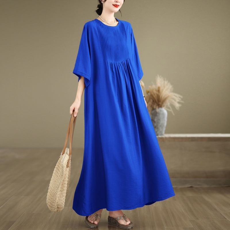Pintuck Elbow Sleeve Round Neck A-Line Maxi Dress