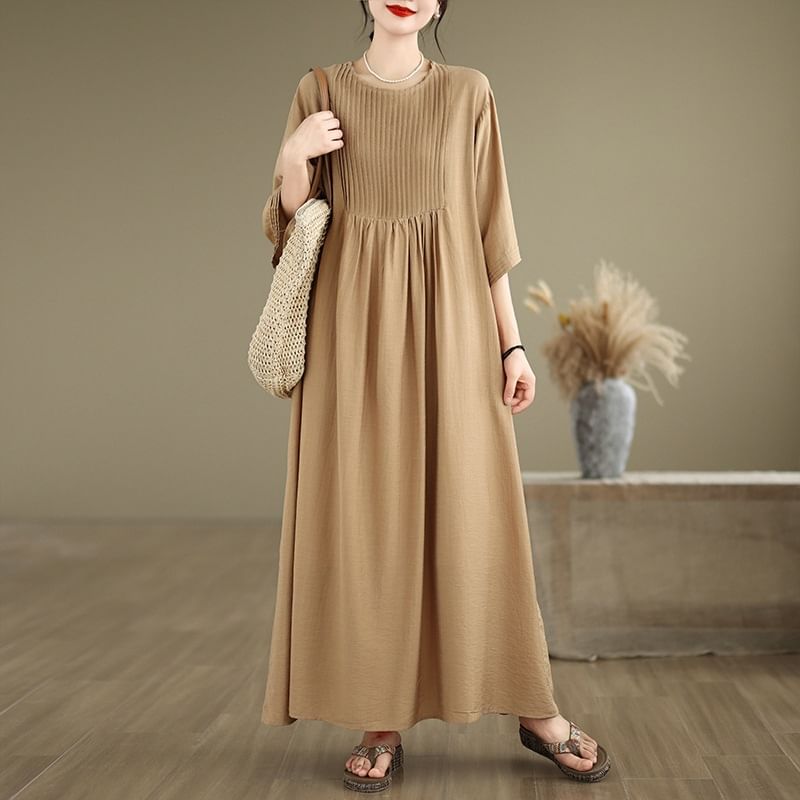 Pintuck Elbow Sleeve Round Neck A-Line Maxi Dress