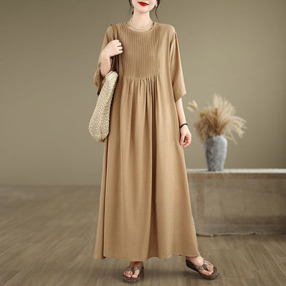 Pintuck Elbow Sleeve Round Neck A-Line Maxi Dress