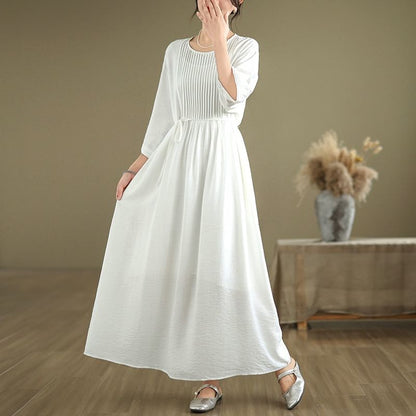 Pintuck Elbow Sleeve Round Neck A-Line Maxi Dress