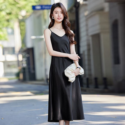 Spaghetti Strap V-Neck Plain Midi A-Line Dress