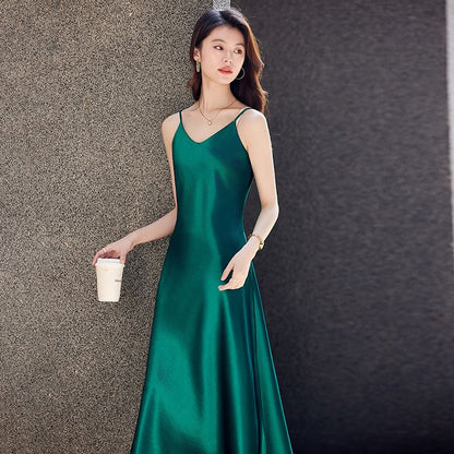 Spaghetti Strap V-Neck Plain Midi A-Line Dress