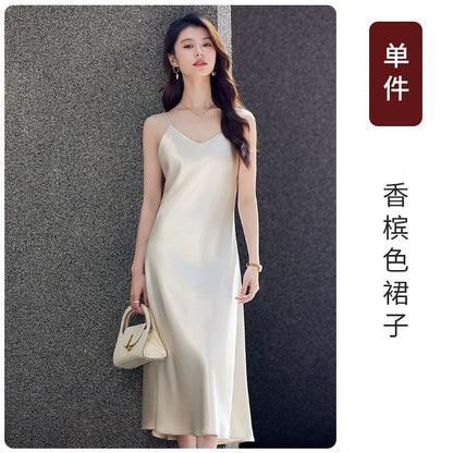 Spaghetti Strap V-Neck Plain Midi A-Line Dress