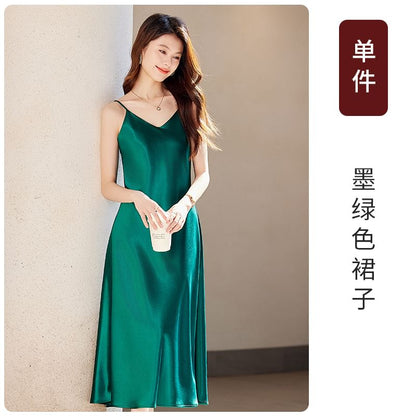 Spaghetti Strap V-Neck Plain Midi A-Line Dress