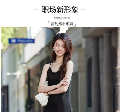 Spaghetti Strap V-Neck Plain Midi A-Line Dress