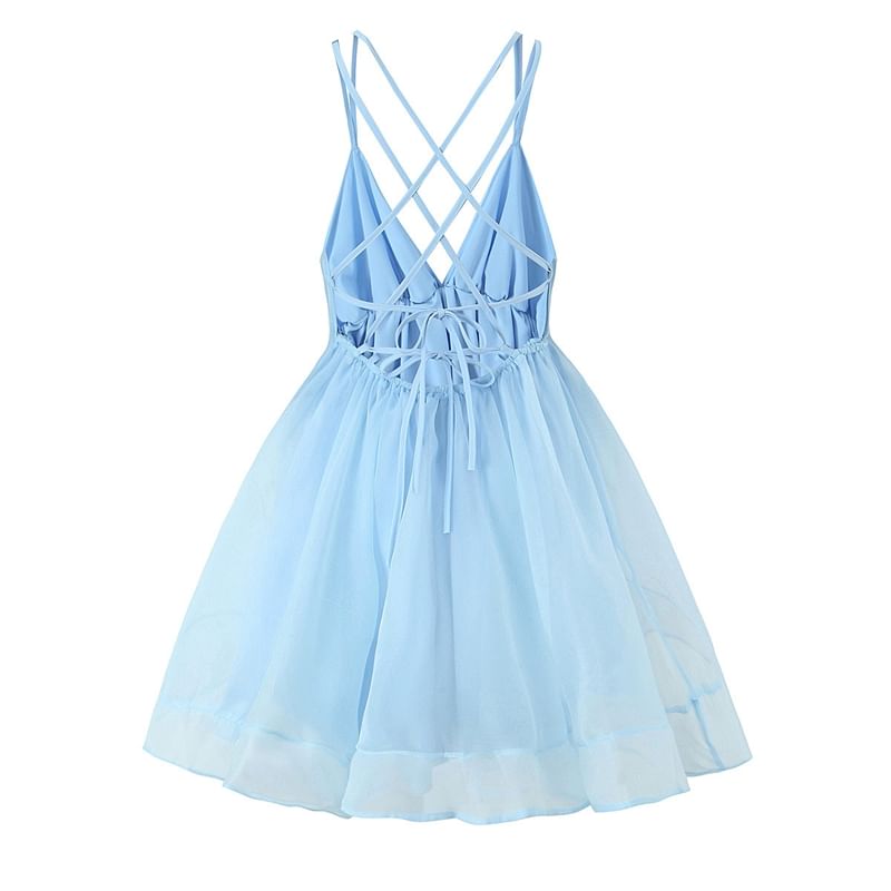 Spaghetti Strap V-Neck Plain Mini A-Line Dress