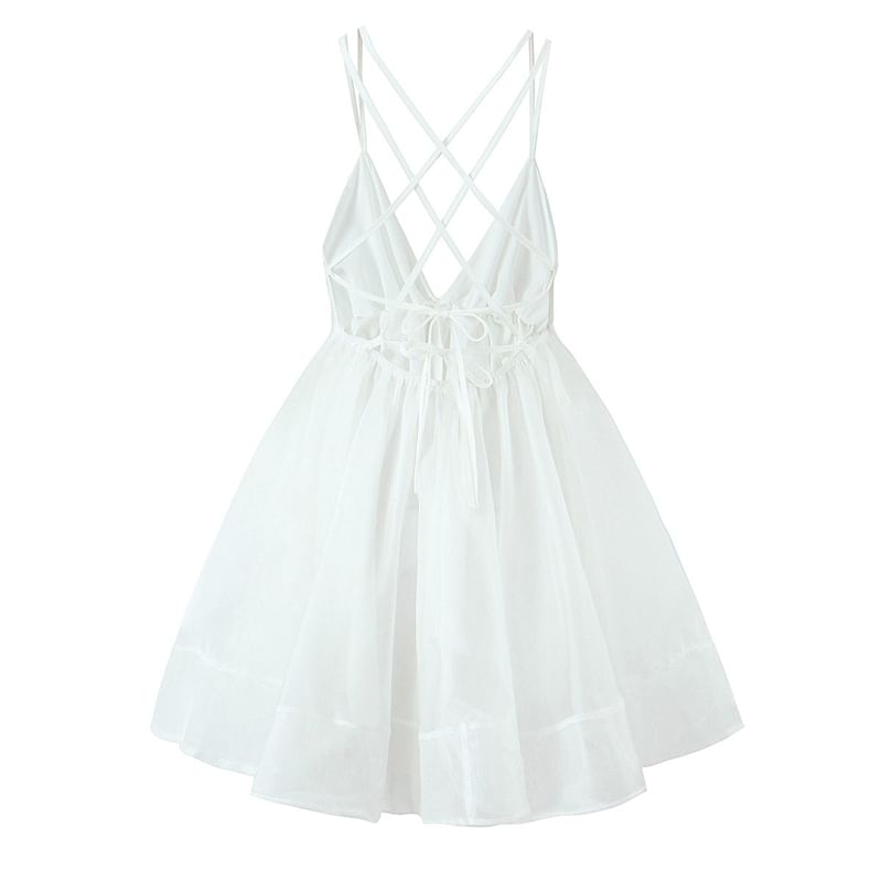 Spaghetti Strap V-Neck Plain Mini A-Line Dress