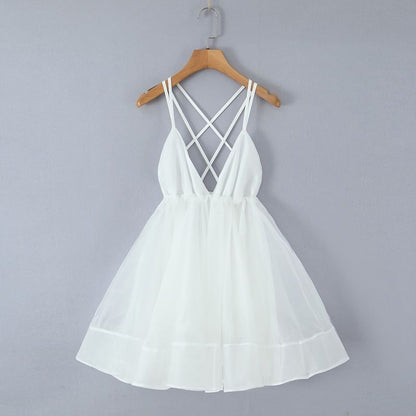 Spaghetti Strap V-Neck Plain Mini A-Line Dress
