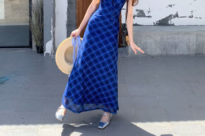 Spaghetti Strap V-Neck Plaid Maxi A-Line Dress