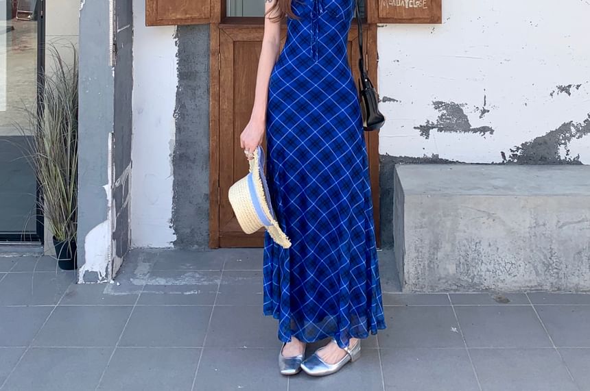 Spaghetti Strap V-Neck Plaid Maxi A-Line Dress