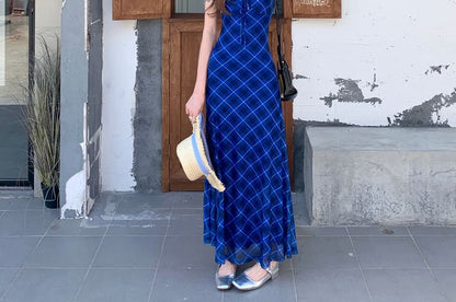 Plaid V-Neck Spaghetti Strap A-Line Maxi Dress