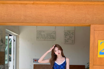 Plaid V-Neck Spaghetti Strap A-Line Maxi Dress