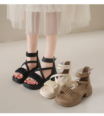 Platform Chunky Heel Shirred Sandals
