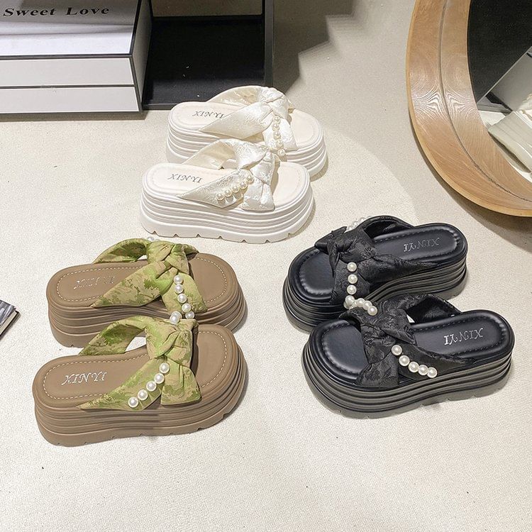 Faux Pearl Knotted Platform Slide Sandals