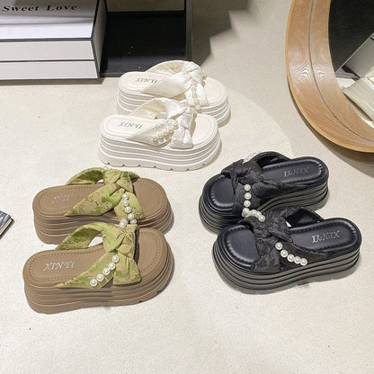 Faux Pearl Knotted Platform Slide Sandals