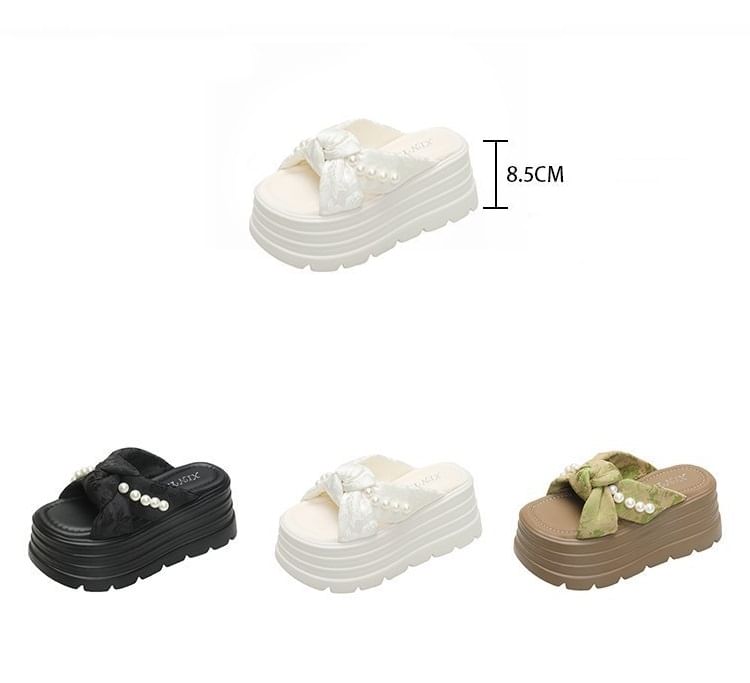 Faux Pearl Knotted Platform Slide Sandals